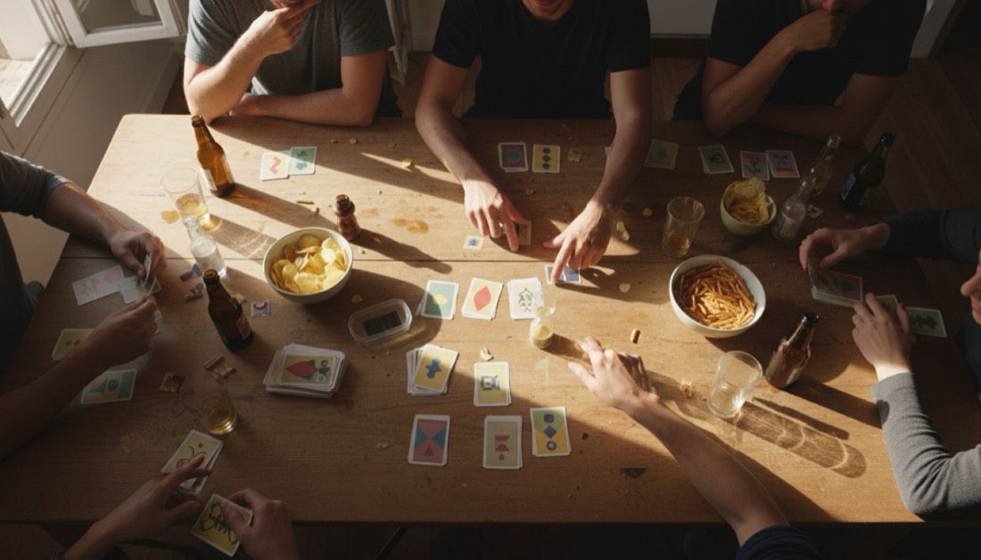 Une table de soirée entre amis, une partie de cartes en cours au milieu des verres et des bols de chips.